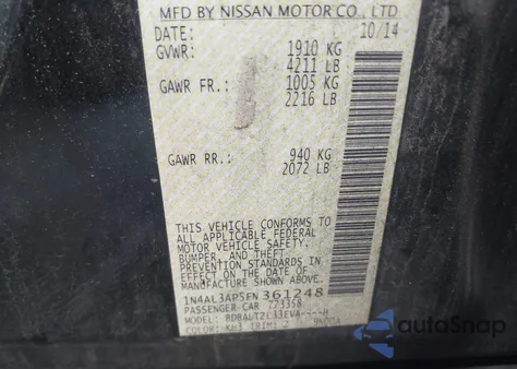 2015 Nissan Altima 2.5 Sl z USA, uszkodzony, nr VIN 1N4AL3AP5FN361248